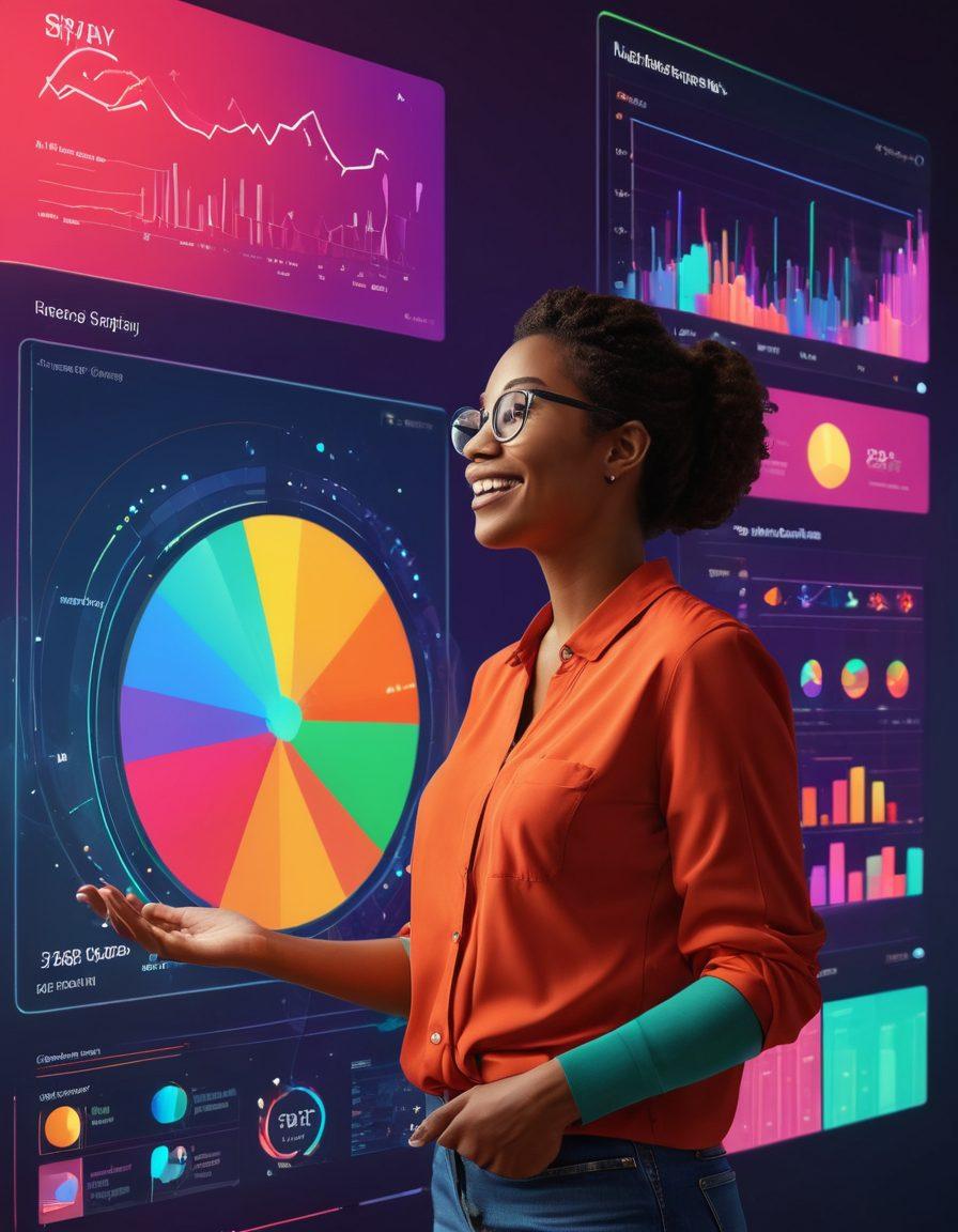 A dynamic illustration showcasing a person interacting with colorful data visualizations on a large touchscreen. Include graphs, pie charts, and infographics in vibrant colors that symbolize user satisfaction metrics. Surrounding the user, diverse happy characters represent different demographics looking at the data, illustrating inclusivity. The background should be modern and tech-inspired with abstract shapes. super-realistic. vibrant colors. 3D.