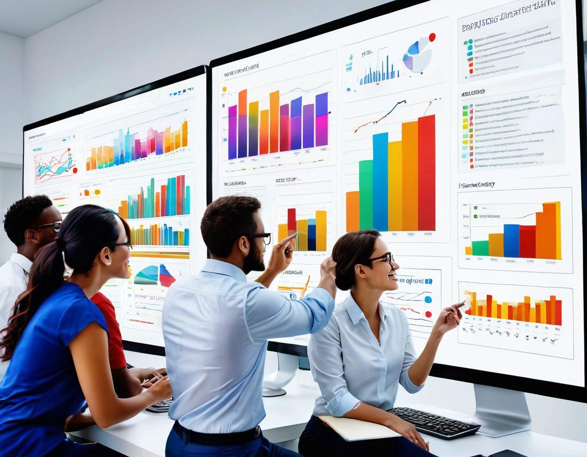 A vibrant scene depicting a diverse team of professionals joyfully collaborating around a large digital display filled with colorful graphs and data visualizations. They are brainstorming creative ideas while surrounded by interactive technology and cheerful expressions. Bright colors and a sense of dynamism should fill the composition to emphasize positivity and innovation. super-realistic. vibrant colors. white background.