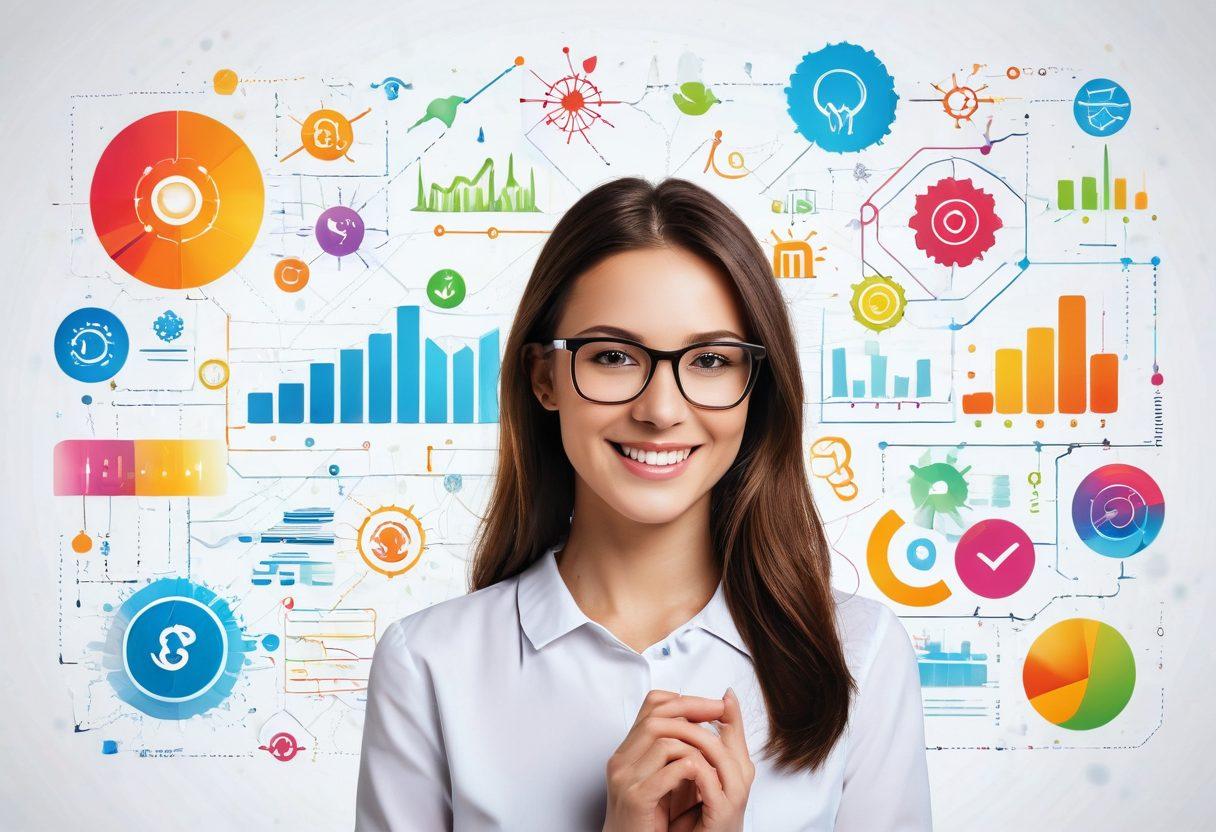 A vibrant scene depicting a joyful user interacting with data-driven solutions on a digital interface. Surrounding them are colorful graphs and happy icons symbolizing positive experiences. The background features a warm, inviting atmosphere with bright colors that evoke happiness and creativity. Include elements of technology, like circuitry, seamlessly blending with nature motifs. super-realistic. vibrant colors. white background.